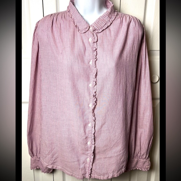XIRENA Hale Blouse Shirt Button Down Ruffle Pink Purple Long Sleeve Small - Picture 2 of 9